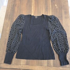 Black Puff Sleeve Top with Patterned Sleeves